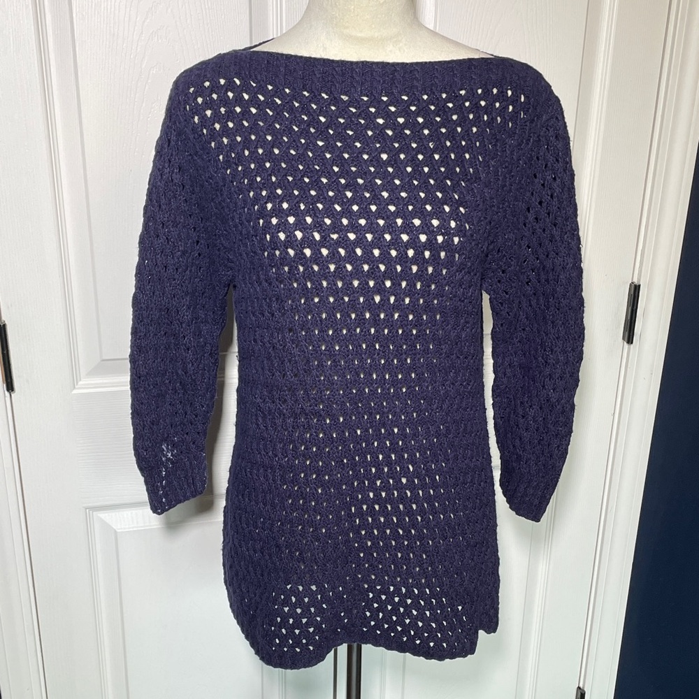Lauren Ralph Lauren Linen‎ Cotton Navy Open Knit Boat Neck Sweater Size Large